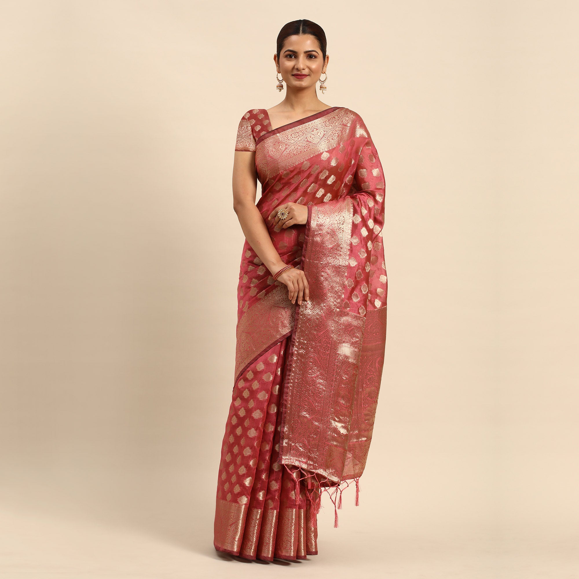 Pink Woven Organza Silk Saree With Tassels