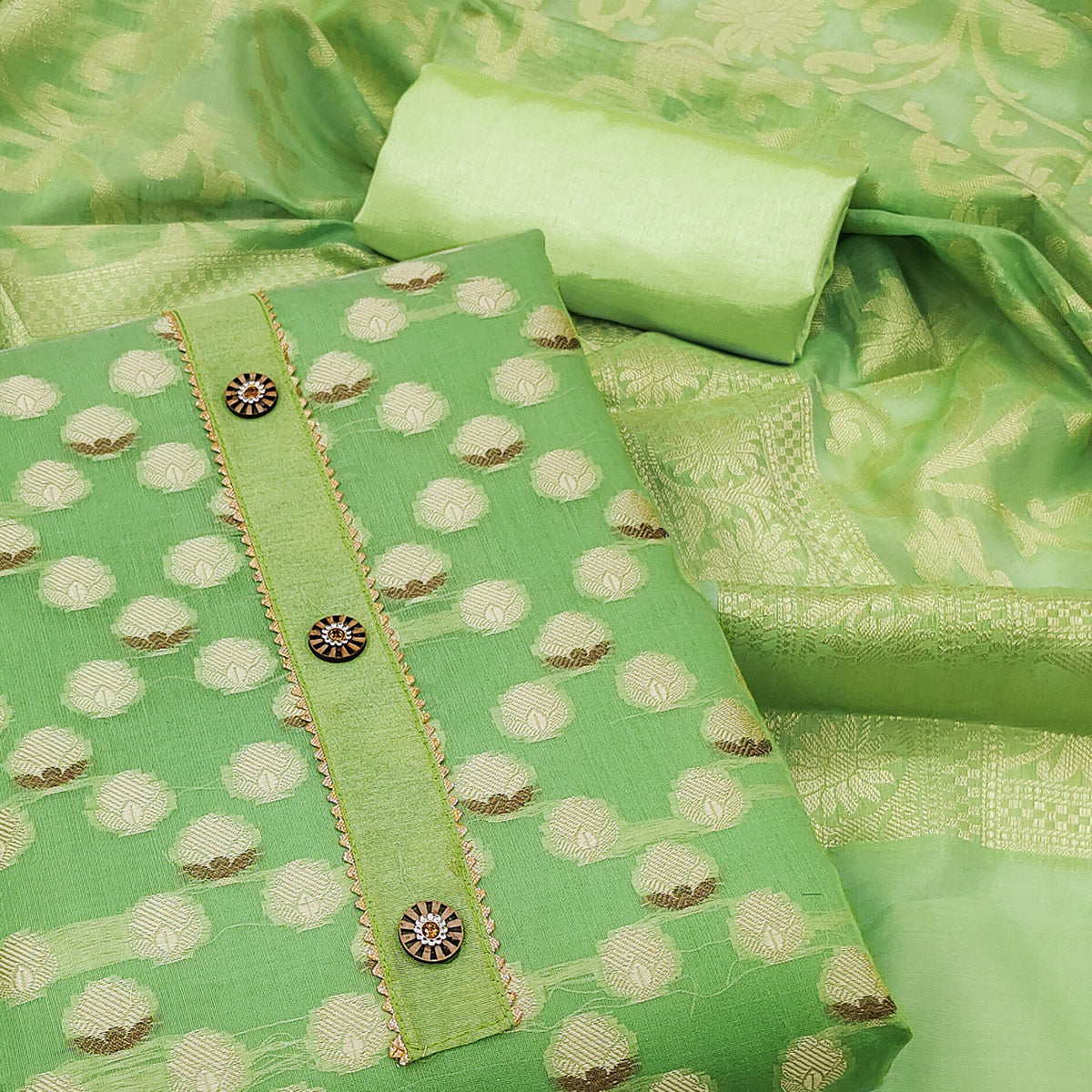 Green Woven Banarasi Silk Dress Material
