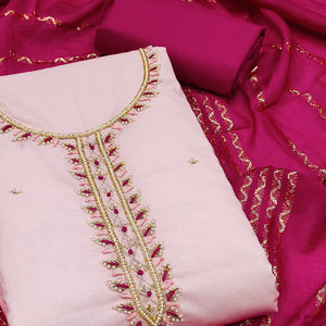 Pink Zardosi Moti Work Pure Cotton Dress Material