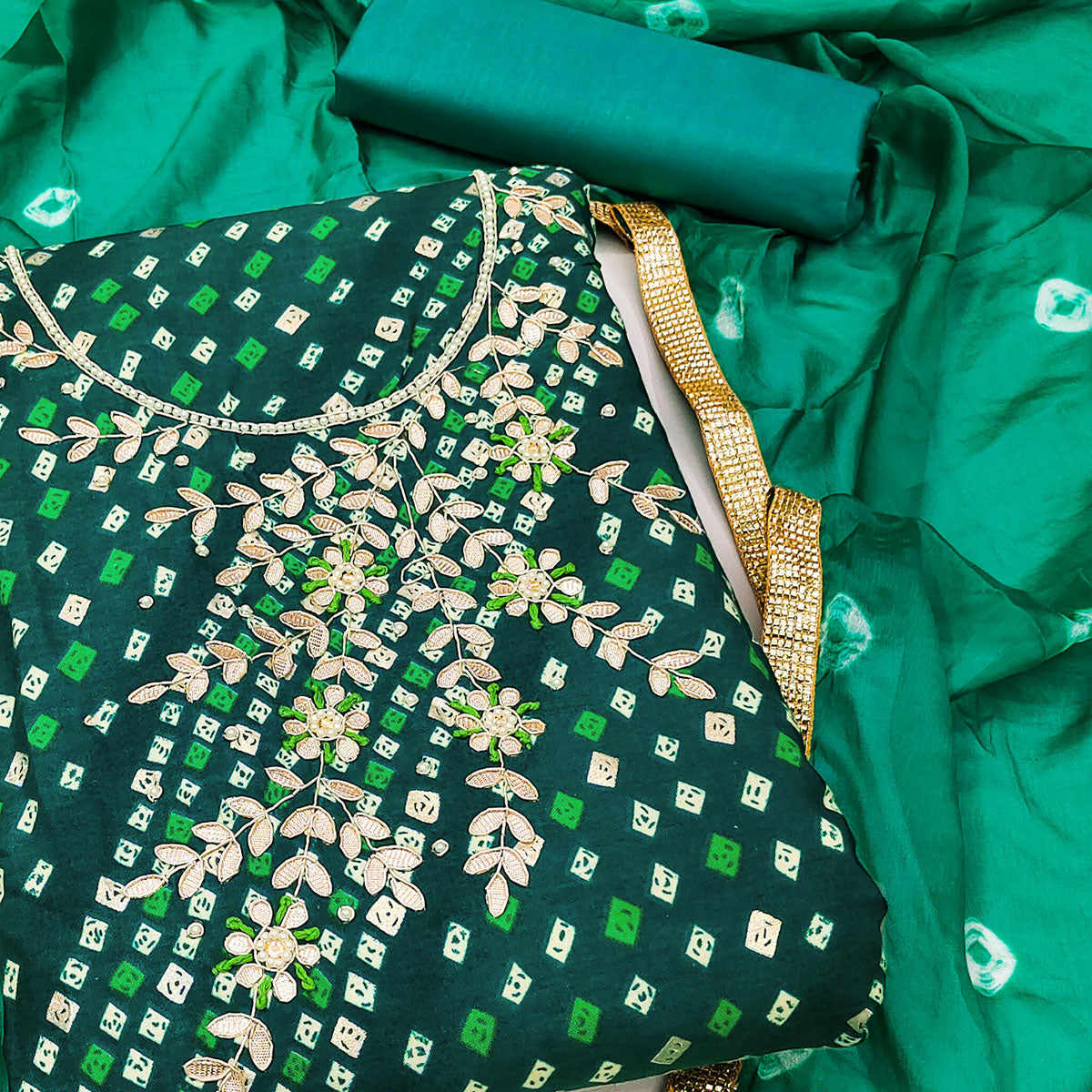 Green Printed With Handwork Pure Cotton Dress Material