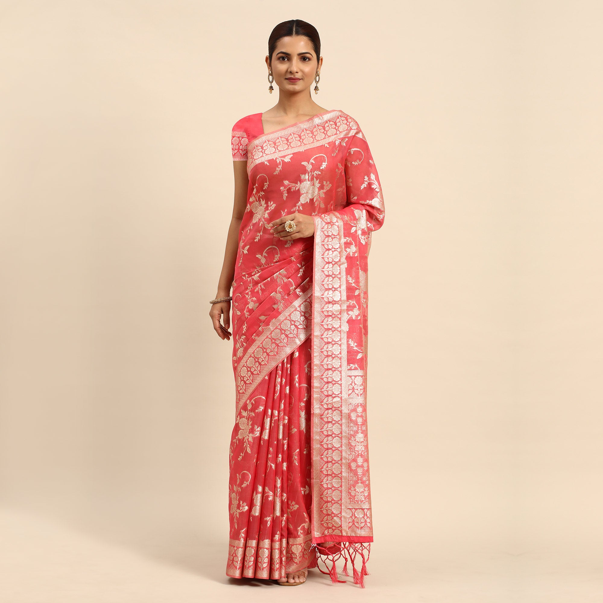 Pink Floral Woven Organza Silk Saree With Tassels