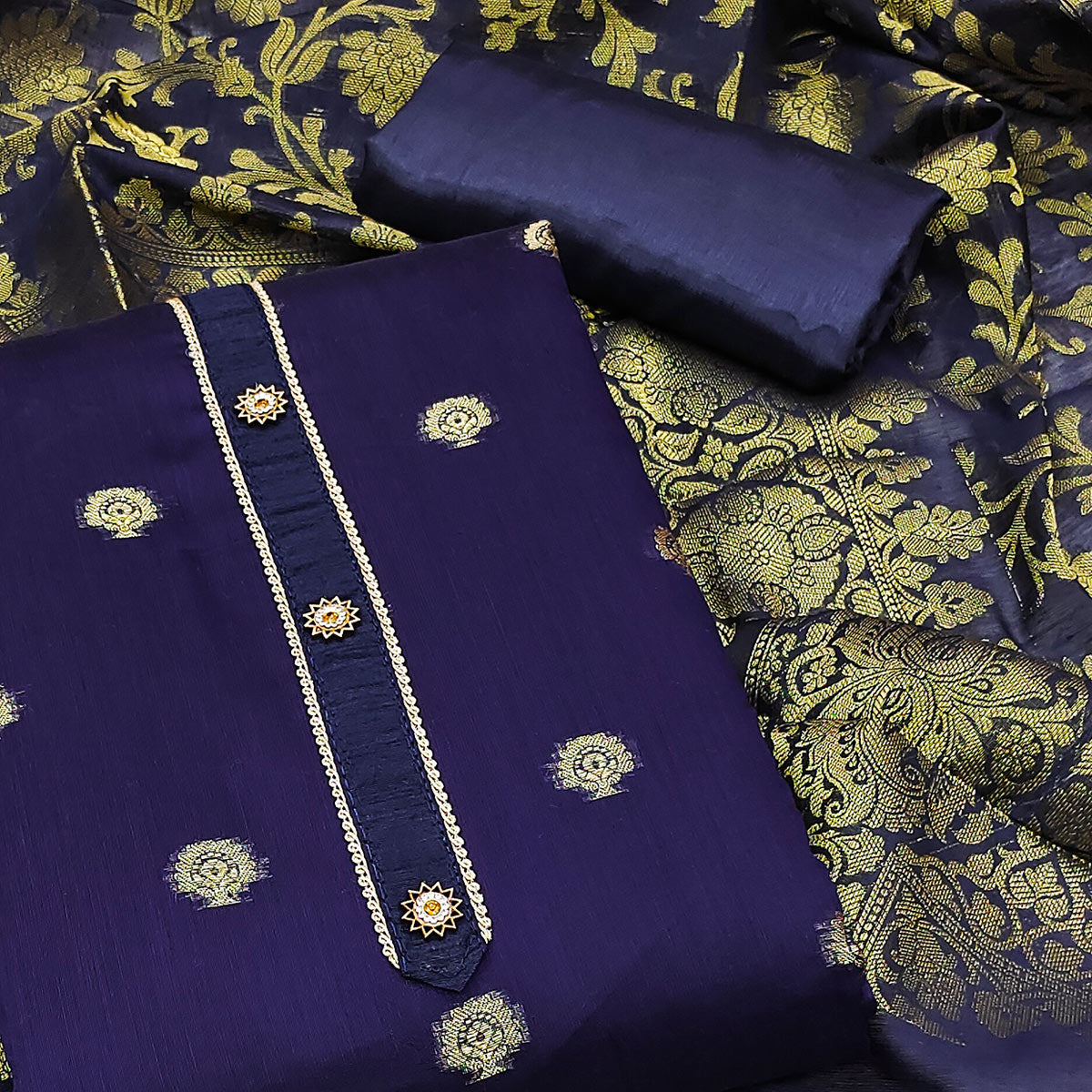 Navy Blue Floral Woven Banarasi Silk Dress Material