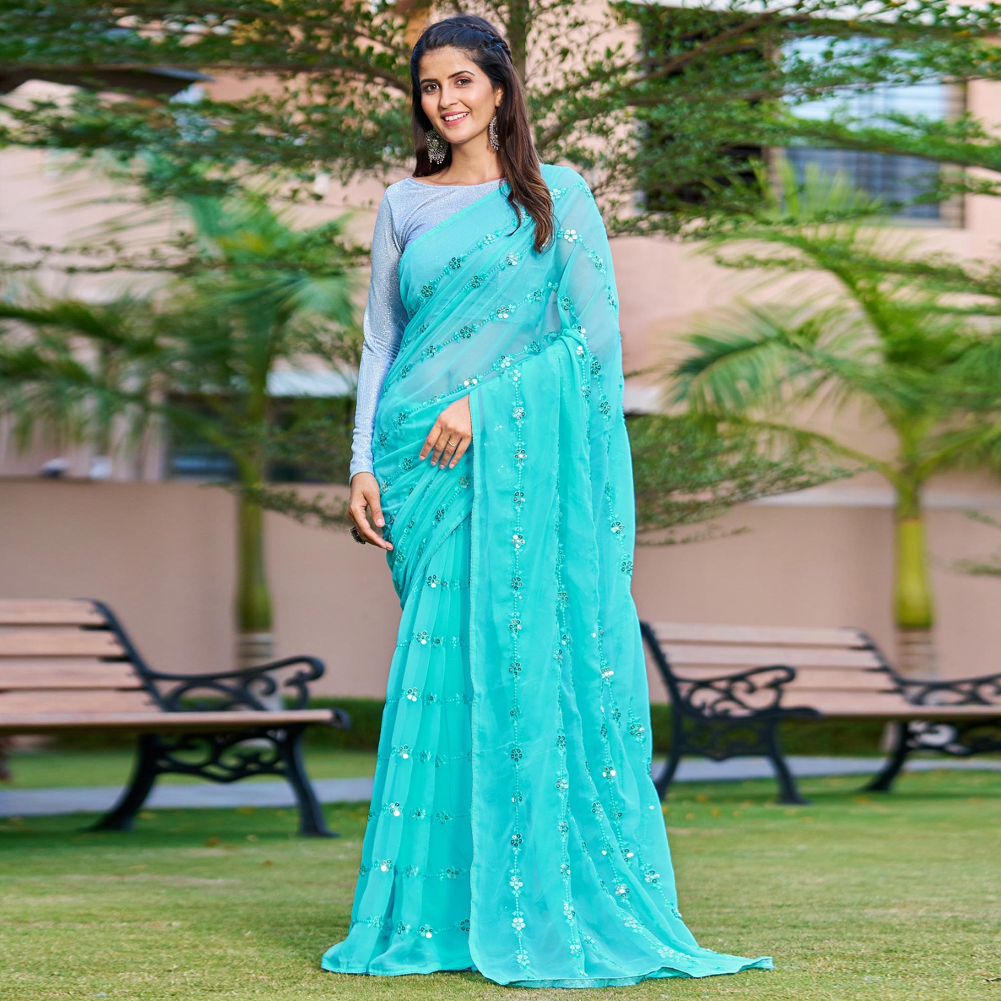 Blue Sequins Embroidered Georgette Saree