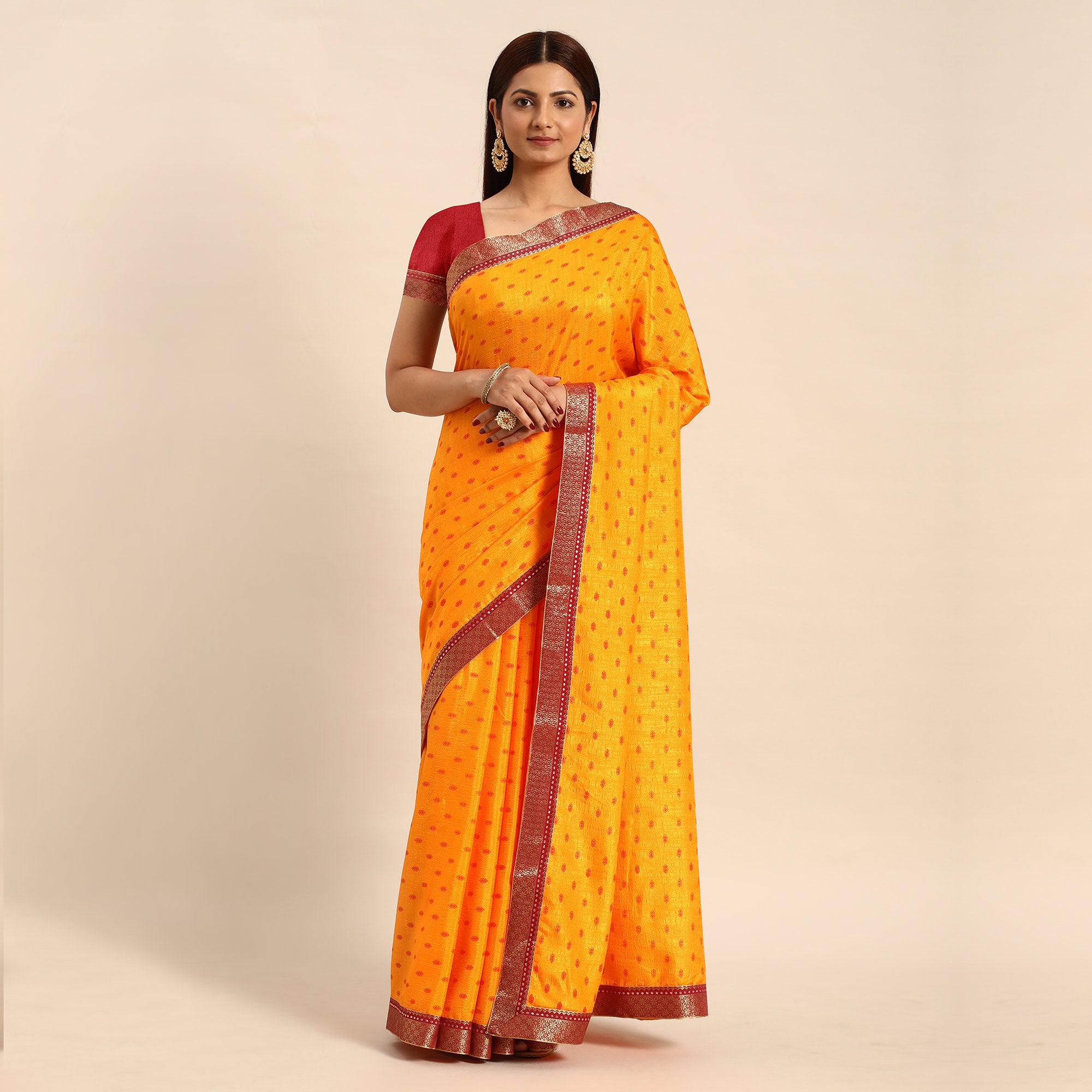 Mustard Printed Vichitra Silk Saree