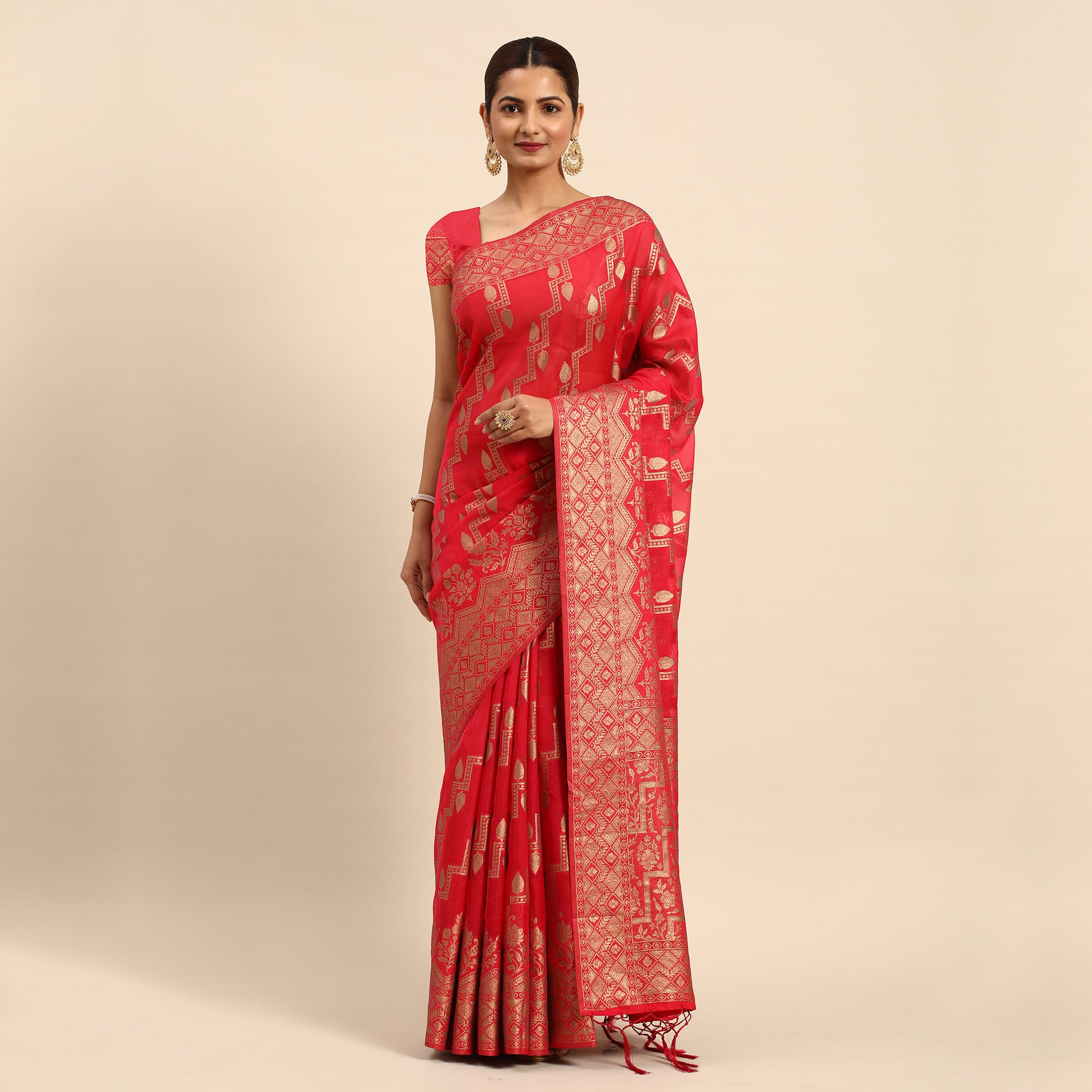 Rani Pink Floral Woven Organza Silk Saree With Tassels