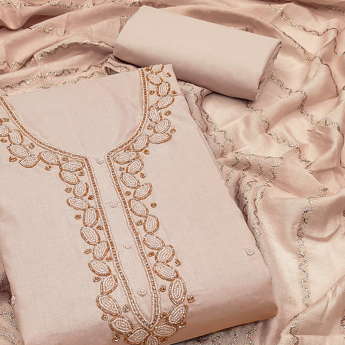 Chikoo Zardosi Moti Work Pure Cotton Dress Material