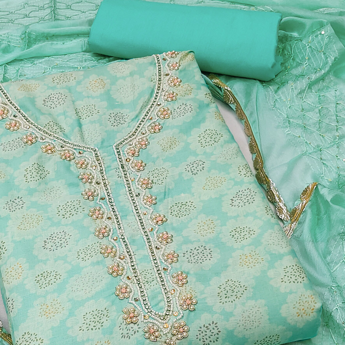 Blue Printed With Motiwork Pure Cotton Dress Material