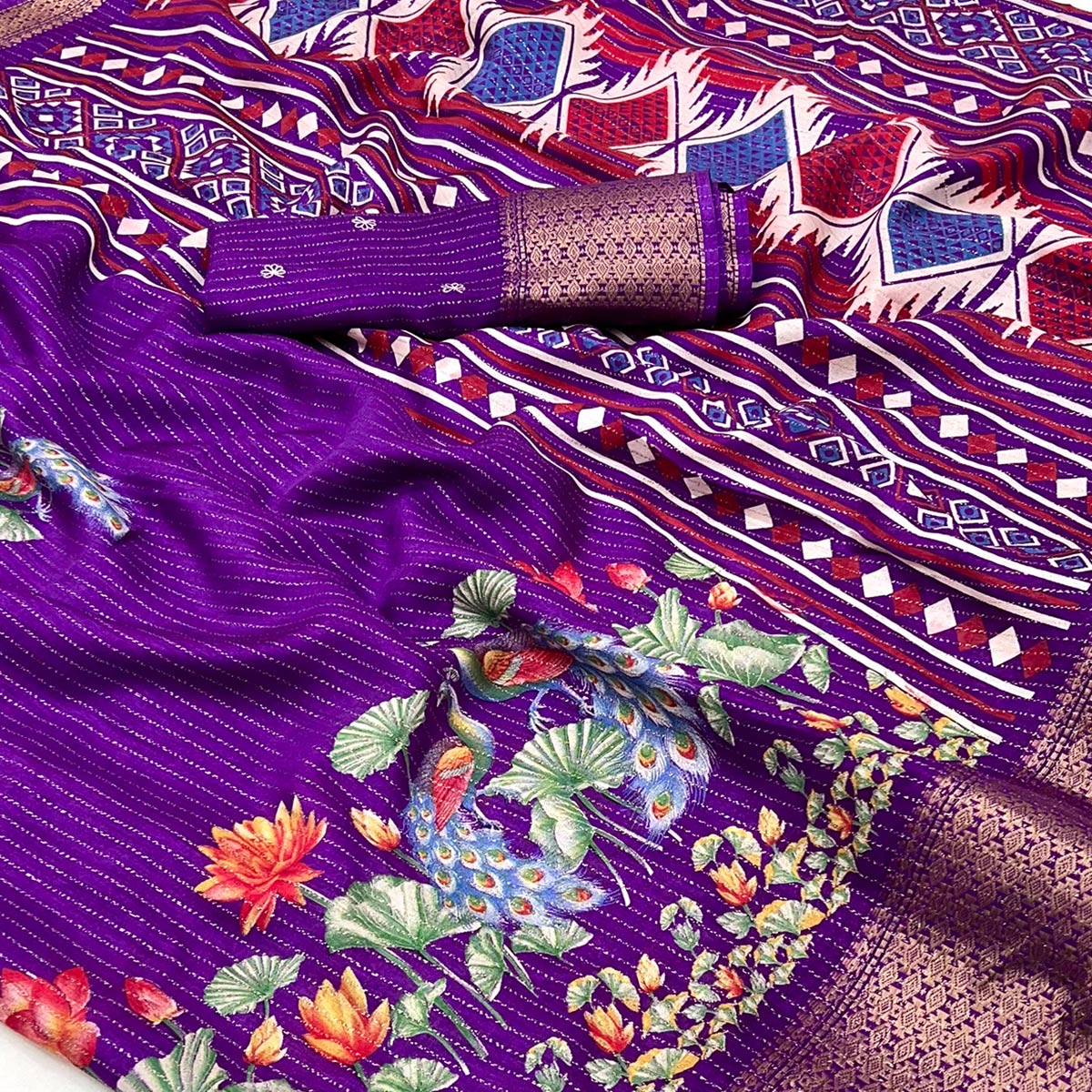 Purple Floral Printed Dola Silk Saree With Jacquard Border