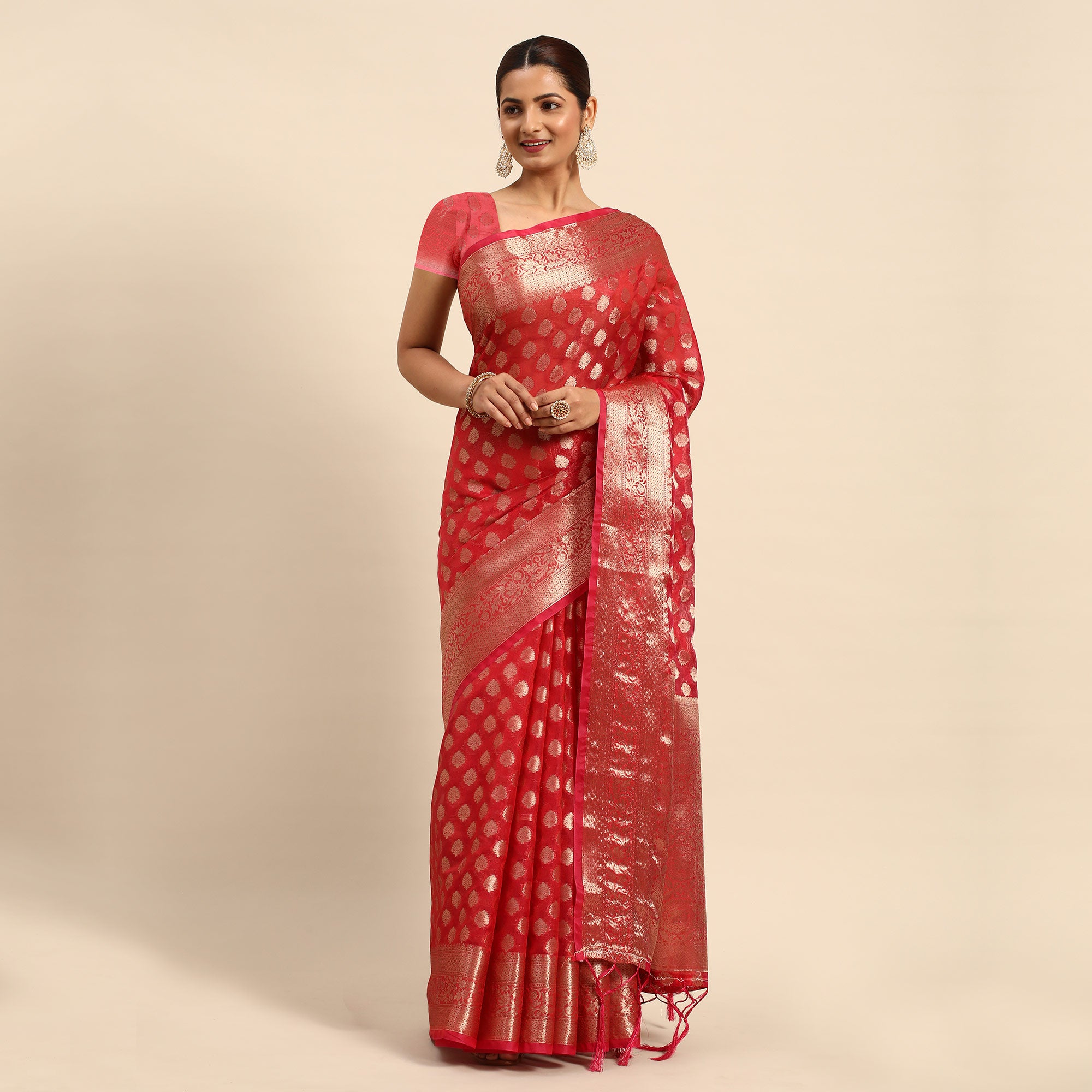 Red Woven Organza Silk Saree With Tassels