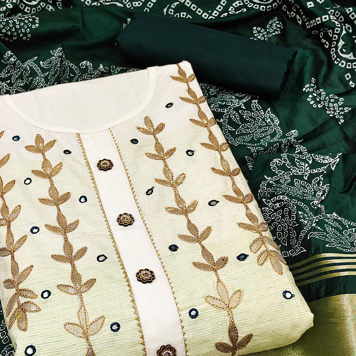 White & Green Floral Gota Patti Work Pure Cotton Dress Material