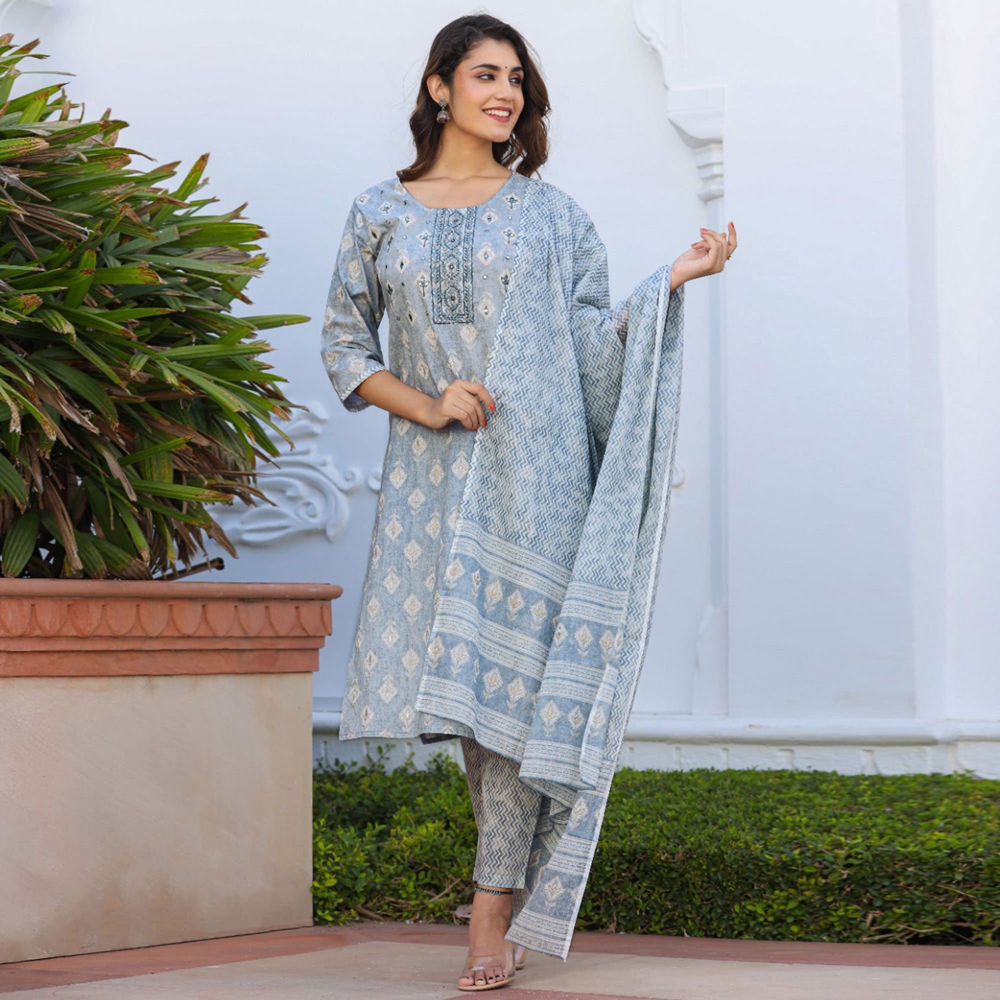 Grey Jaipuri Printed Pure Cotton Suit