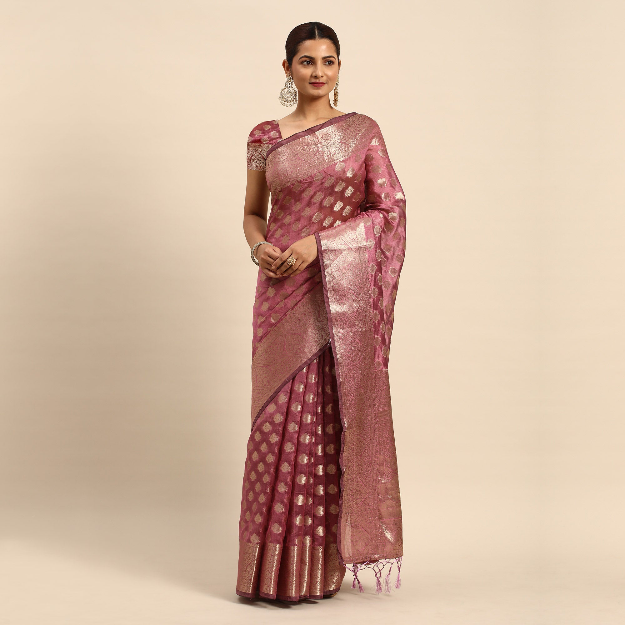 Purple Woven Organza Silk Saree With Tassels