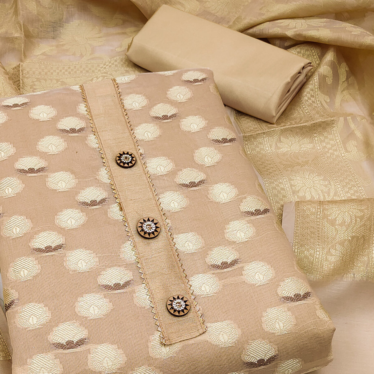 Chikoo Woven Banarasi Silk Dress Material