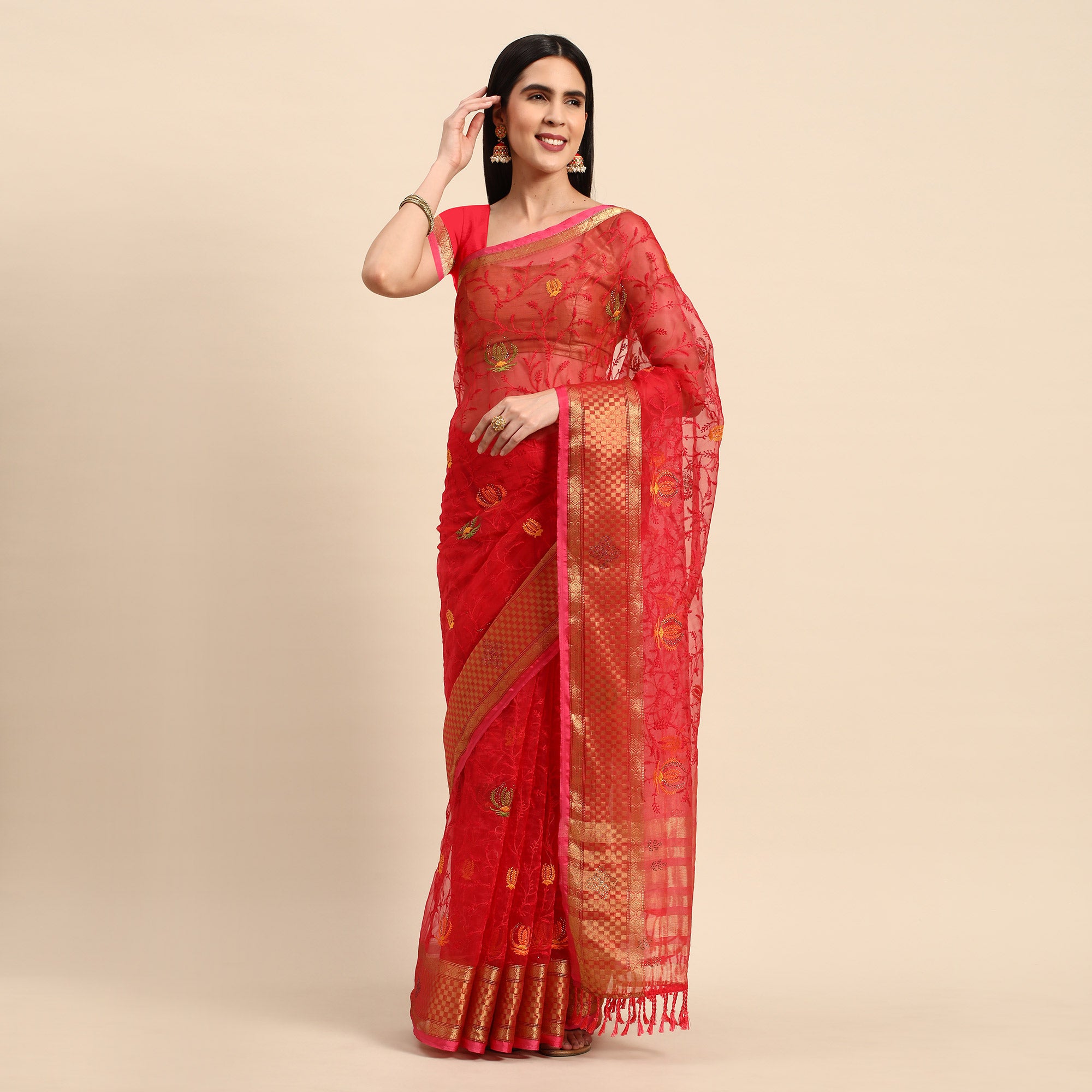 Pink Floral Embroidered Organza Saree