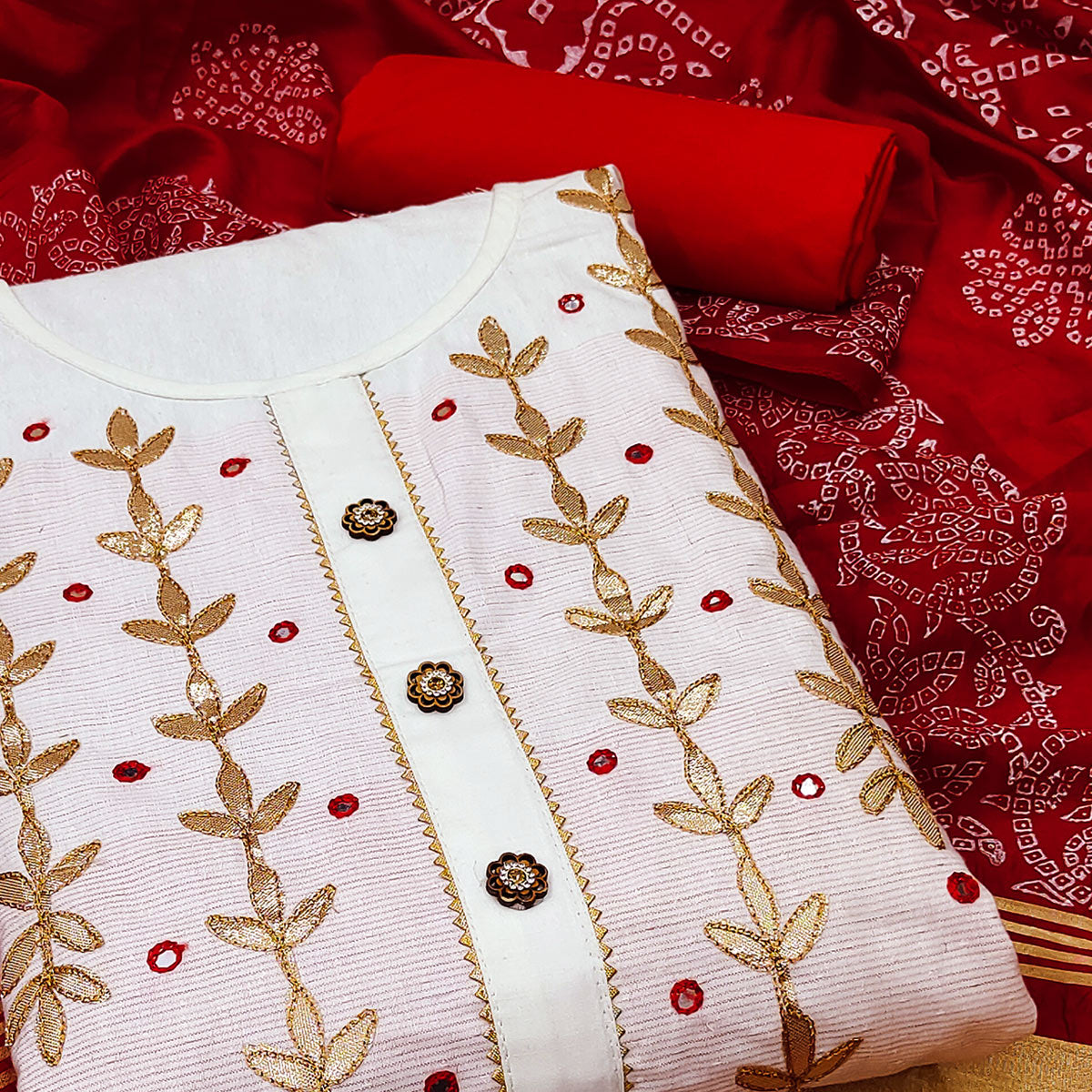 White & Red Floral Gota Patti Work Pure Cotton Dress Material