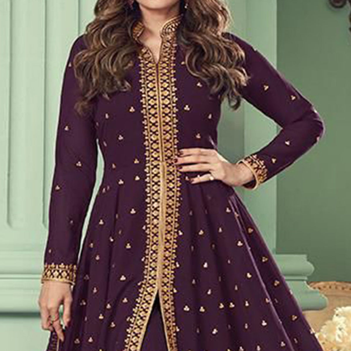 Purple Embroidered Georgette Front Slit Suit