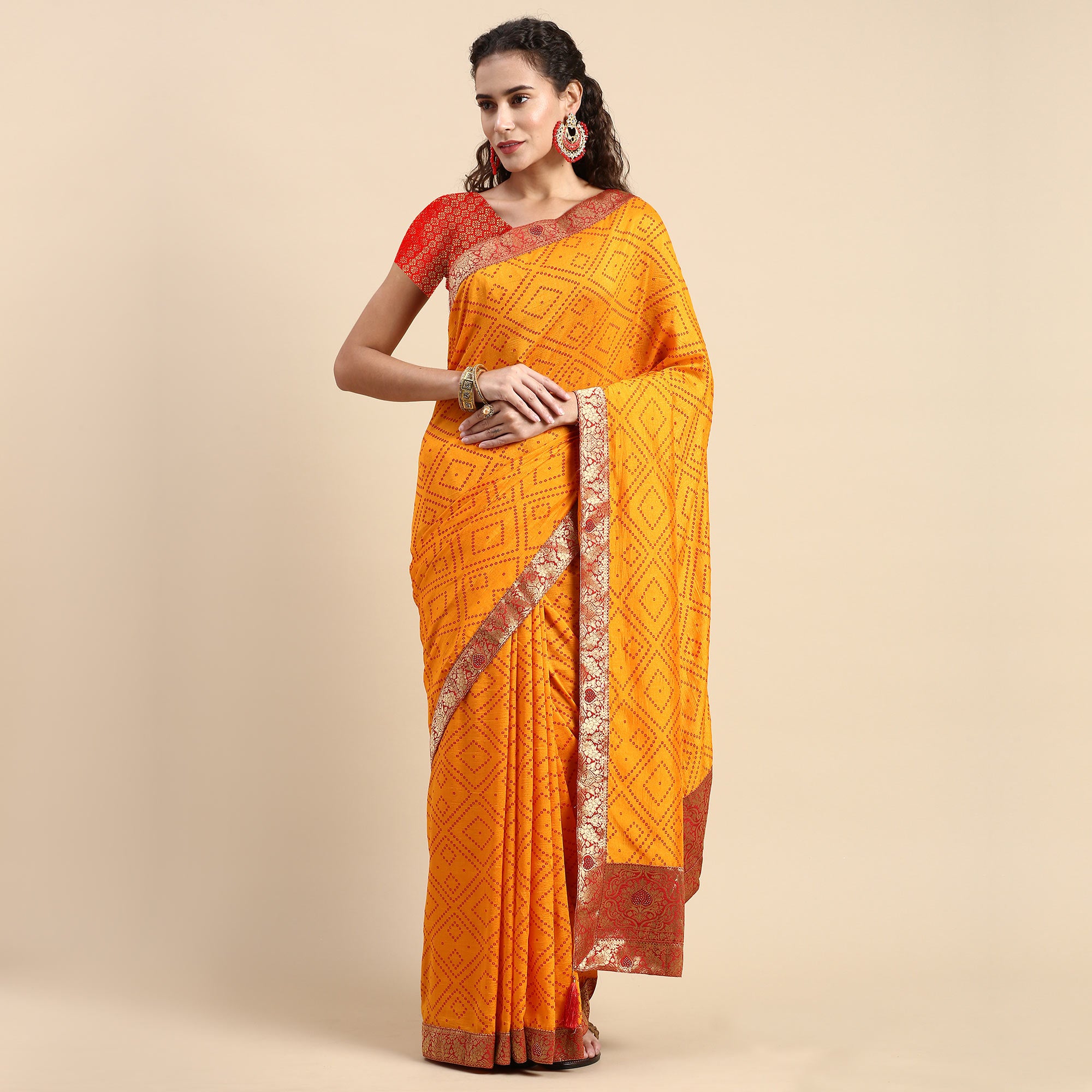 Yellow Foil Printed With Swarovski Vichitra Silk Saree