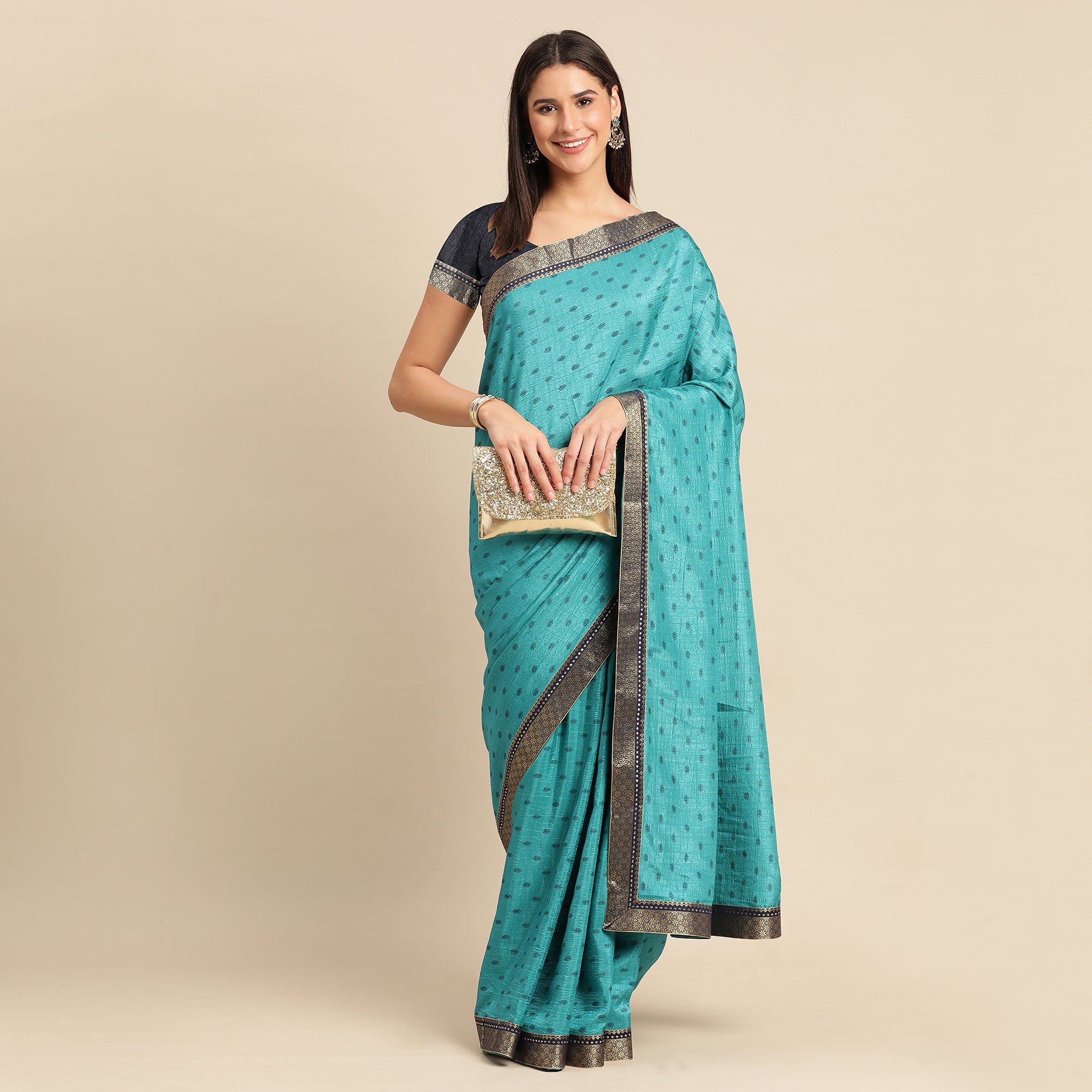 Rama Blue Printed Vichitra Silk Saree