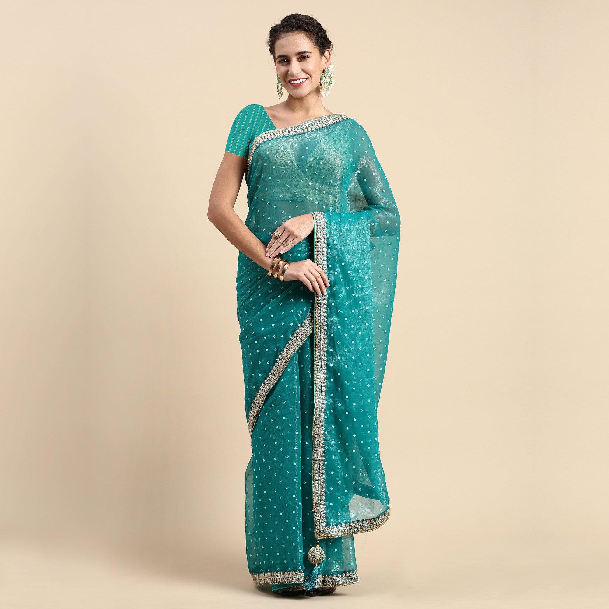 Turquoise Foil Printed With Embroidered Border Chiffon Saree