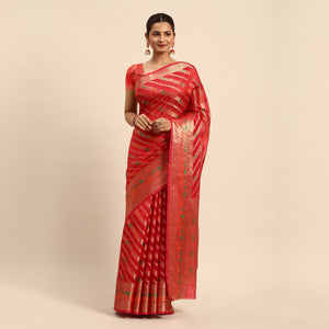 Pink Floral Woven Organza Silk Saree