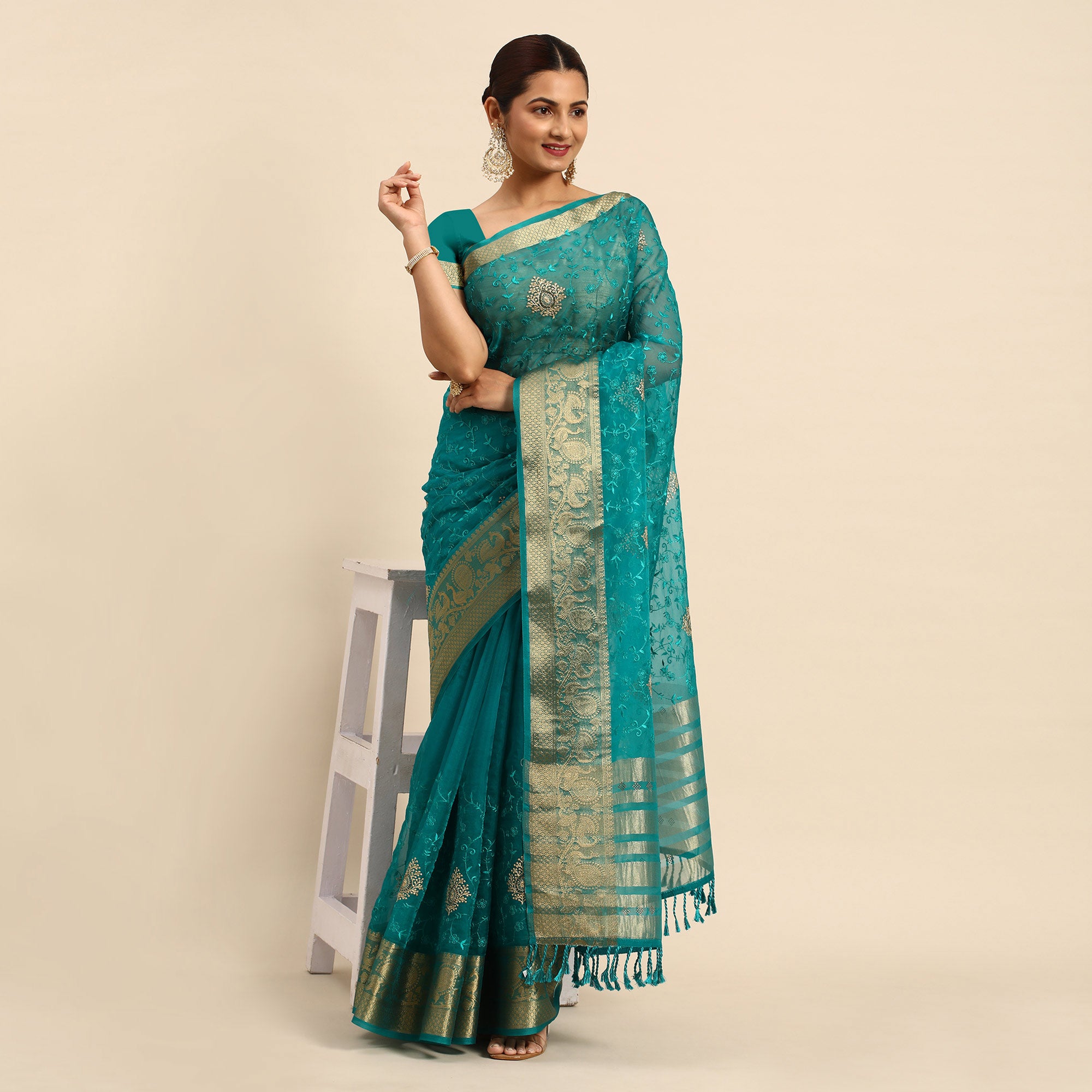 Blue Floral Embroidered Organza Saree