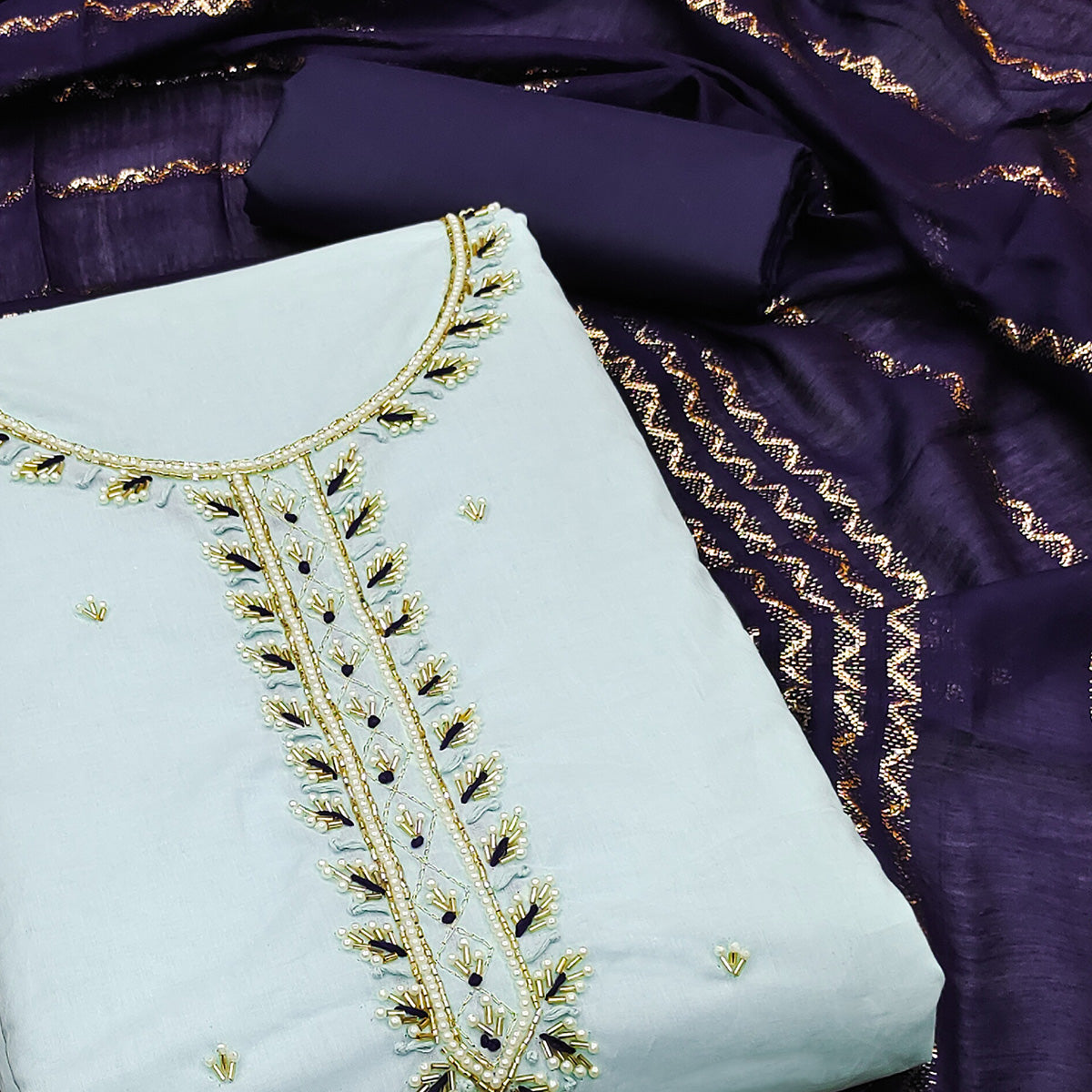 Blue Zardosi Moti Work Pure Cotton Dress Material