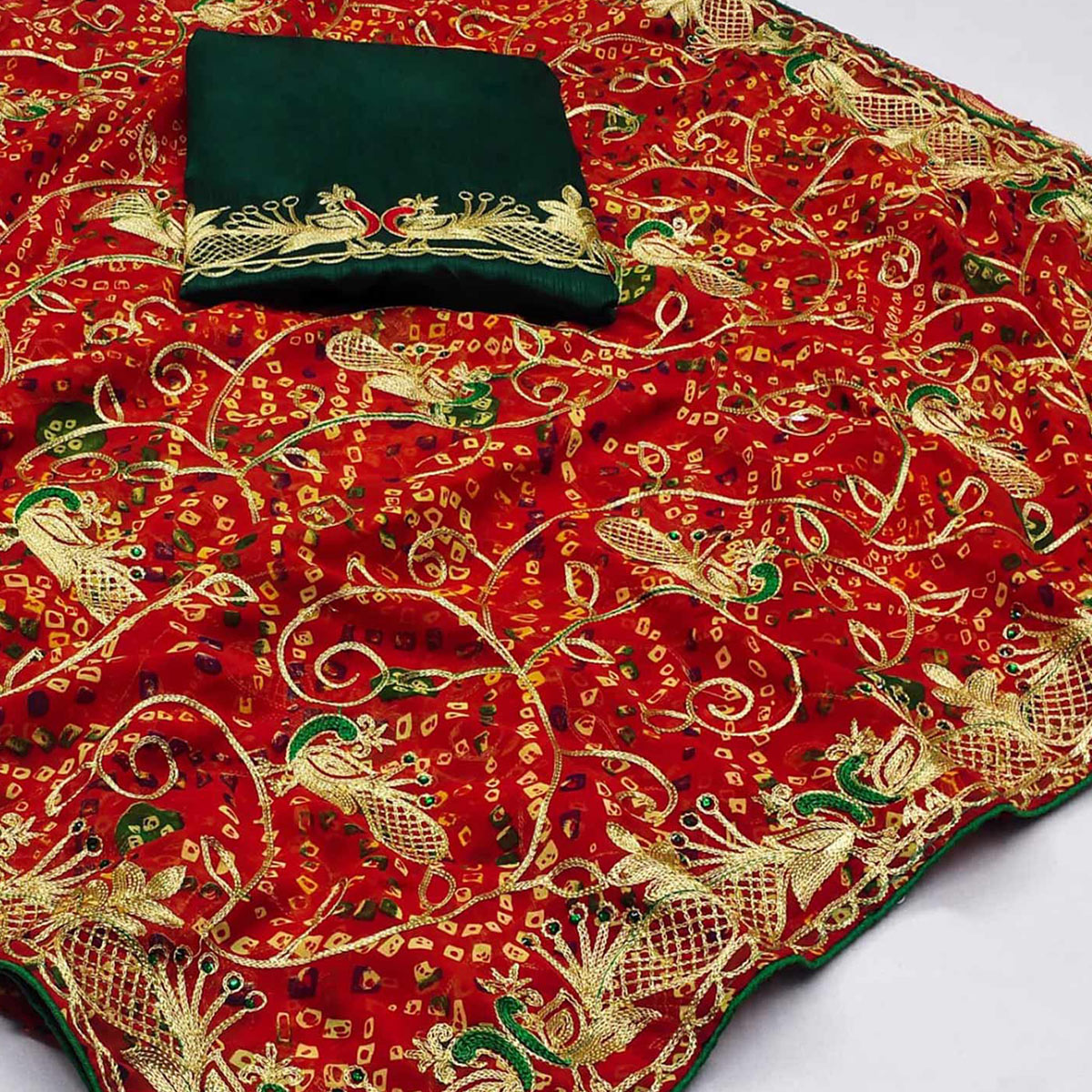 Red Bandhani Printed With Embroidered Georgette Saree