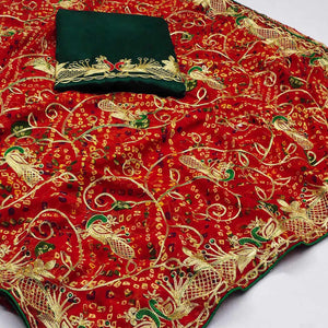 Red Bandhani Printed With Embroidered Georgette Saree