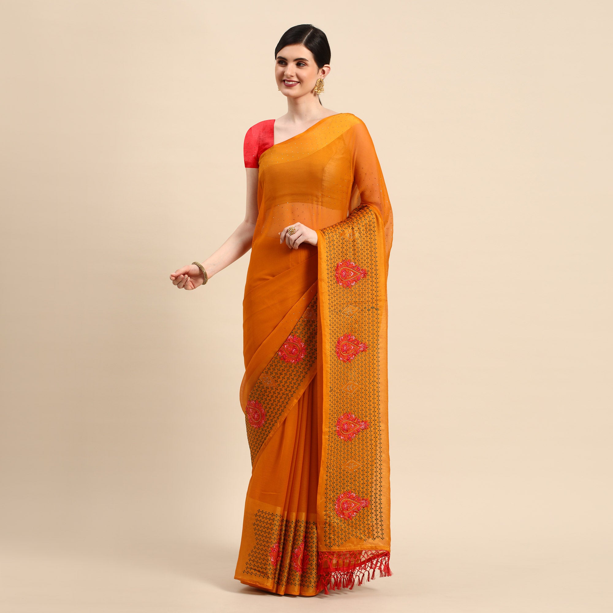 Yellow Swarovski With Embroidery Work Viscose Chiffon Saree