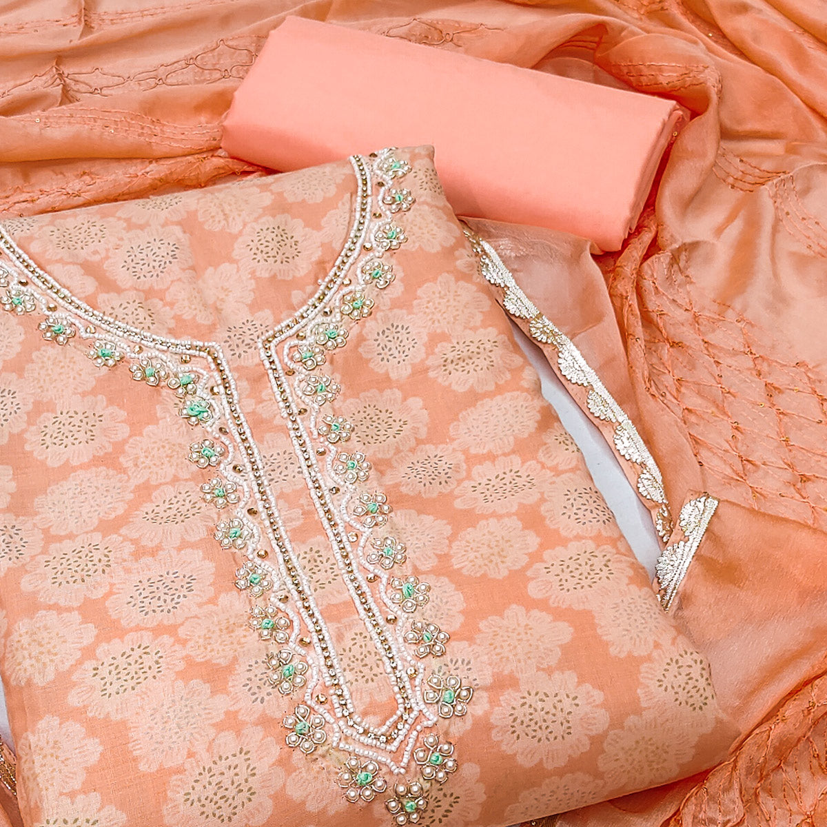 Peach Printed With Motiwork Pure Cotton Dress Material