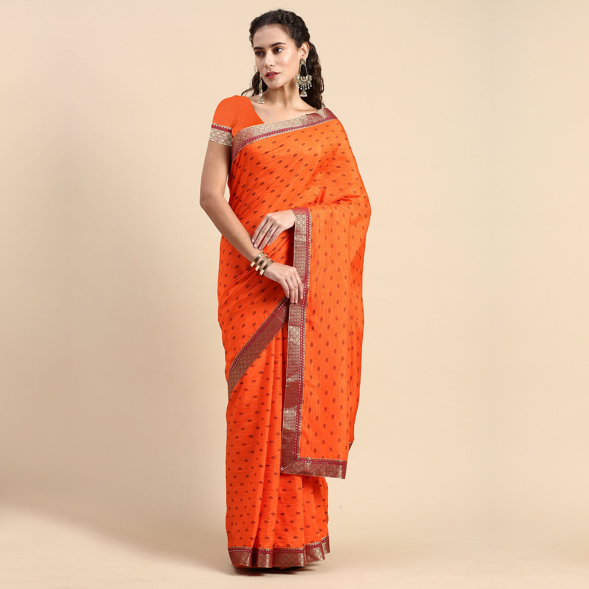 Orange Printed Vichitra Silk Saree