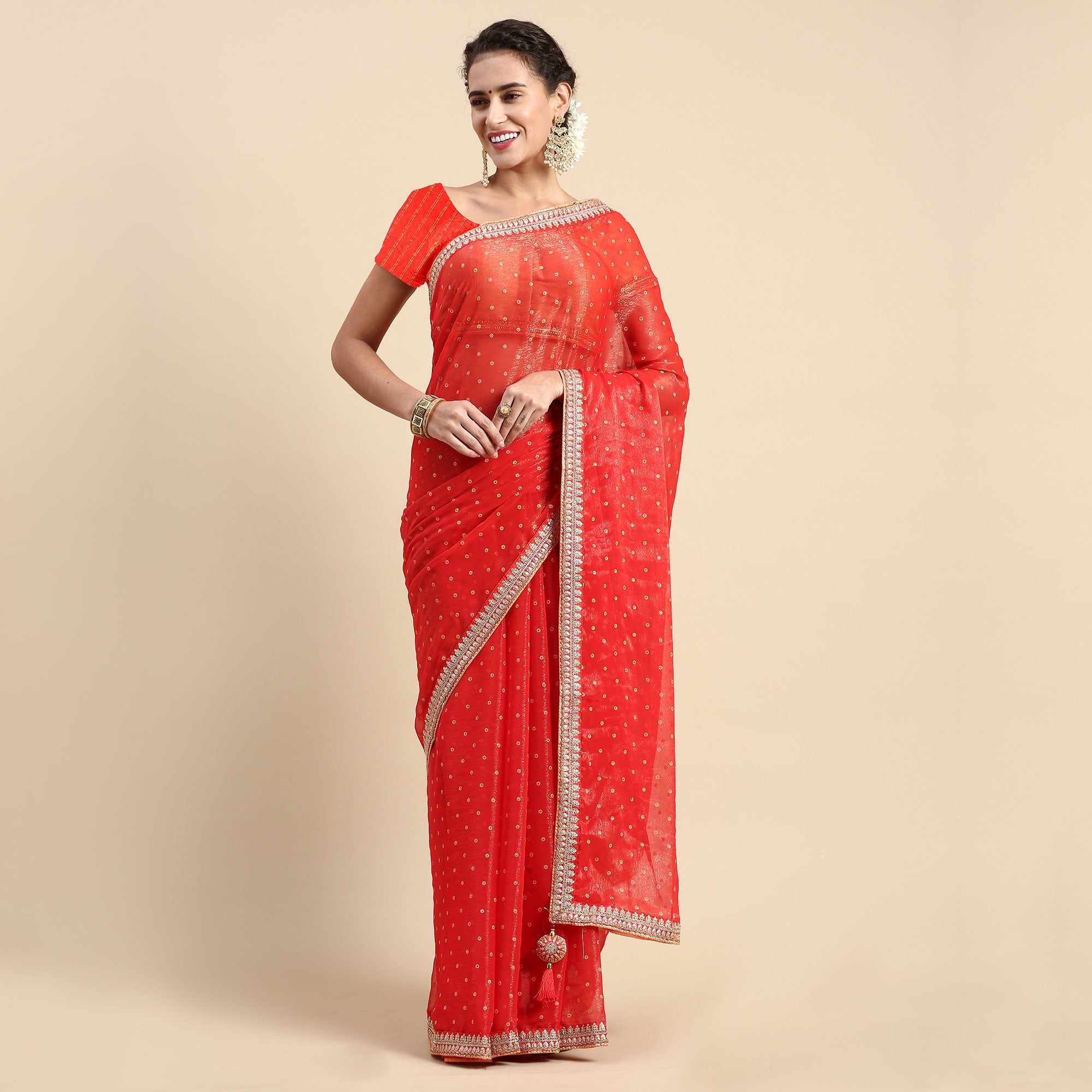 Red Foil Printed With Embroidered Border Chiffon Saree