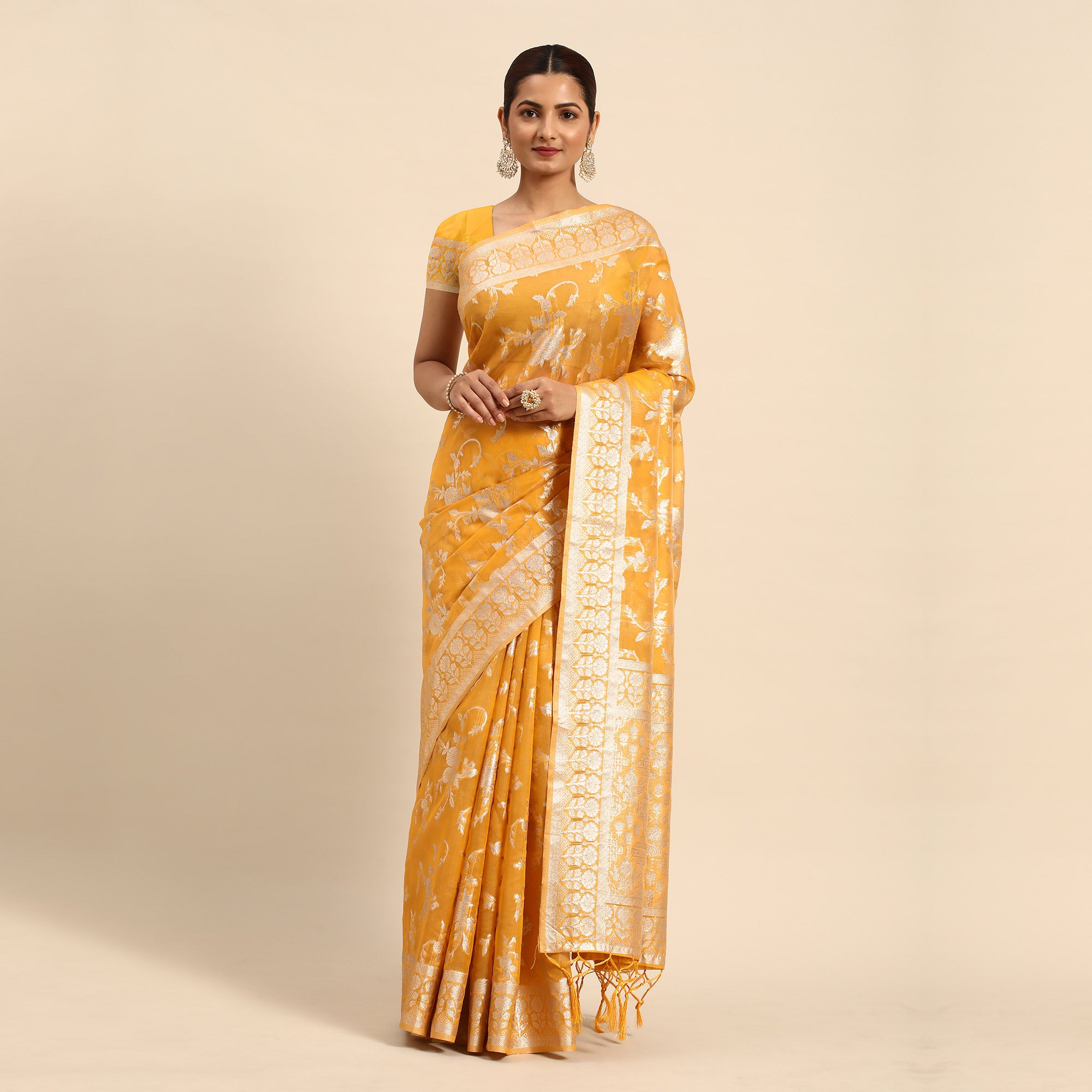 Yellow Floral Woven Organza Silk Saree With Tassels