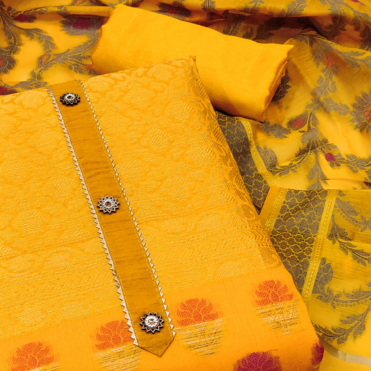 Yellow Floral Woven Banarasi Silk Dress Material