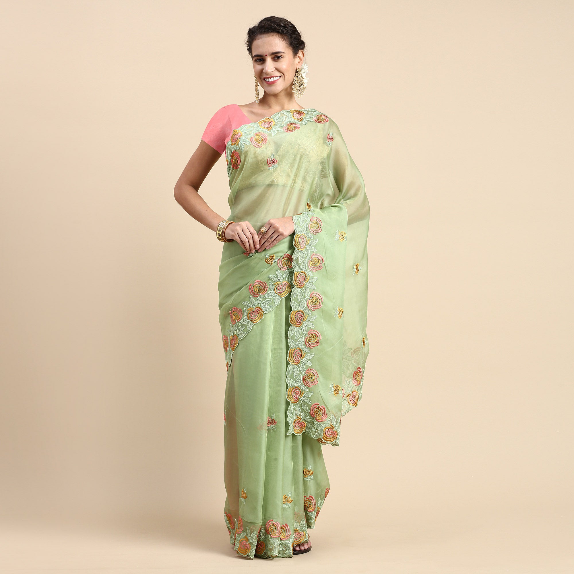 Green Floral Embroidered Organza Saree