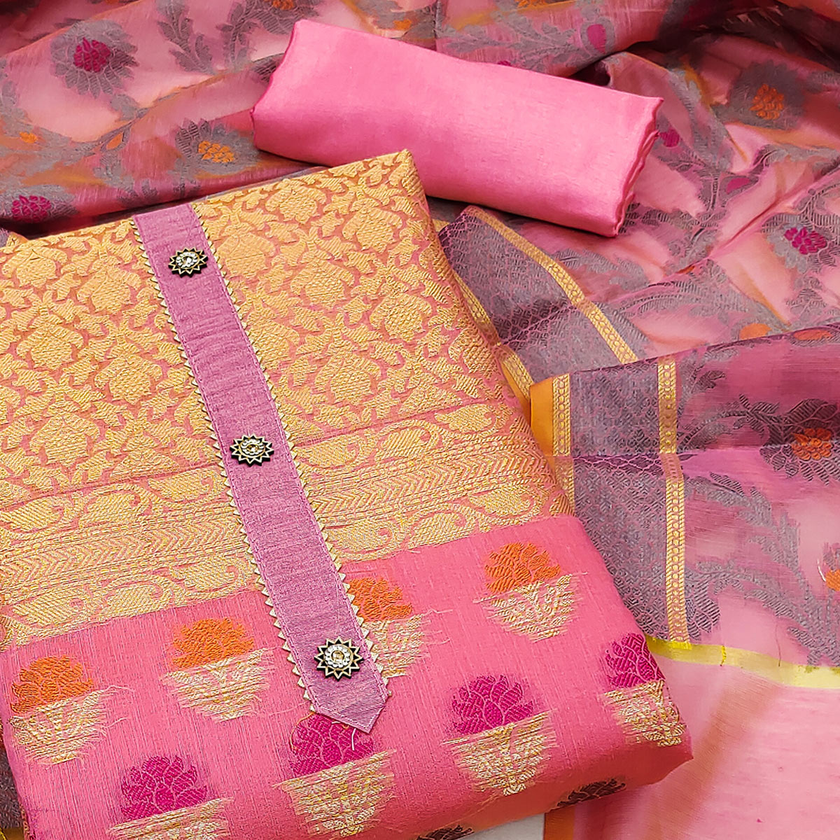 Pink Floral Woven Banarasi Silk Dress Material
