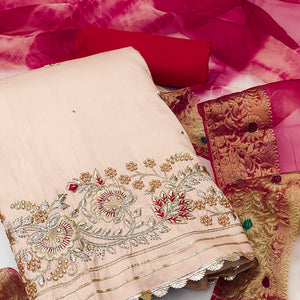 Beige Floral Embroidered Pure Cotton Dress Material