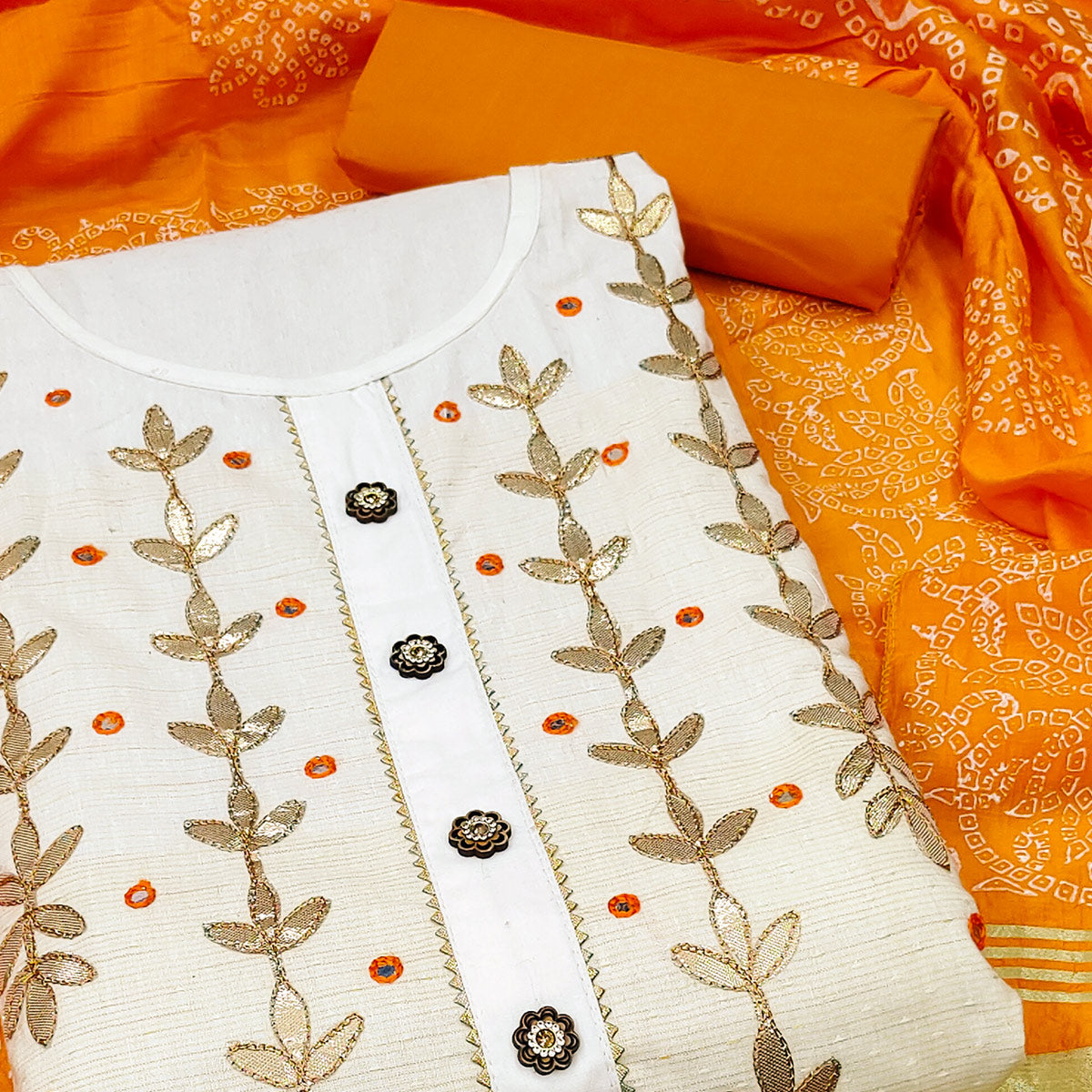 White & Orange Floral Gota Patti Work Pure Cotton Dress Material