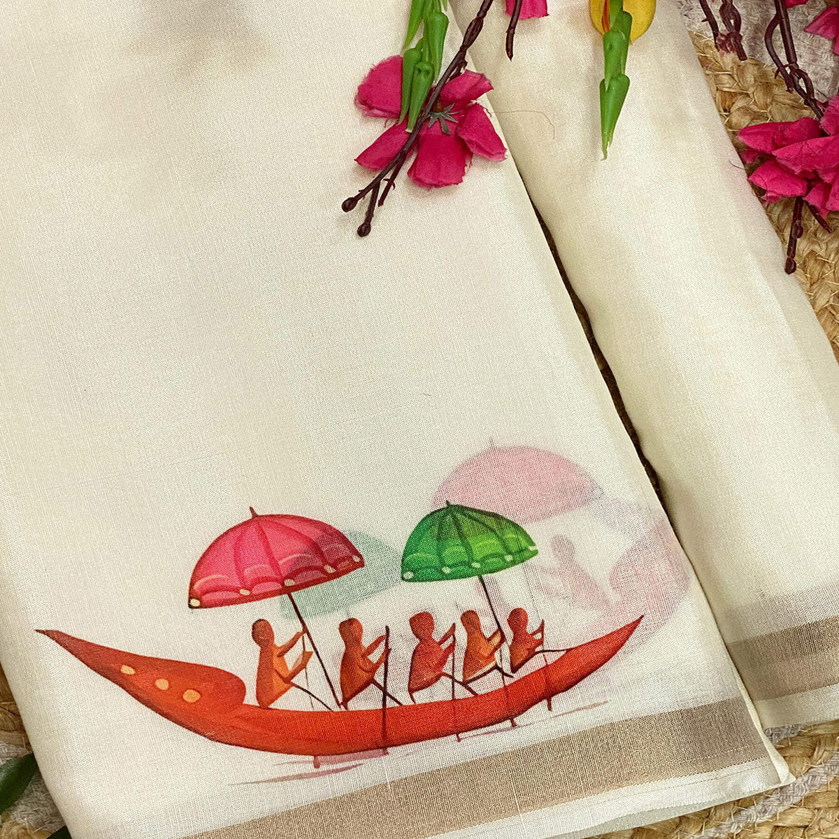 Designer Off White Soft Tussar Cotton Silk Saree with Kathakali Artwork