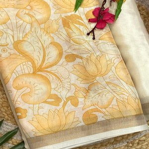 Graceful Off White Soft Tussar Cotton Silk Saree with Traditional Print