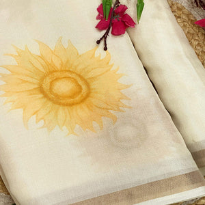 Off White Admirable Floral Printed Soft Tussar Cotton Silk Saree