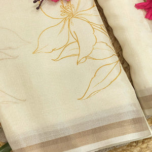 Off White Admirable Kathakali Printed Soft Tussar Cotton Silk Saree