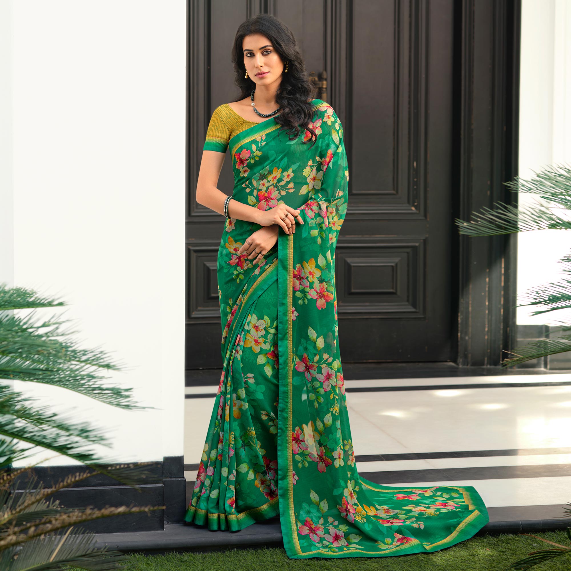 Green Floral Printed Georgette Saree