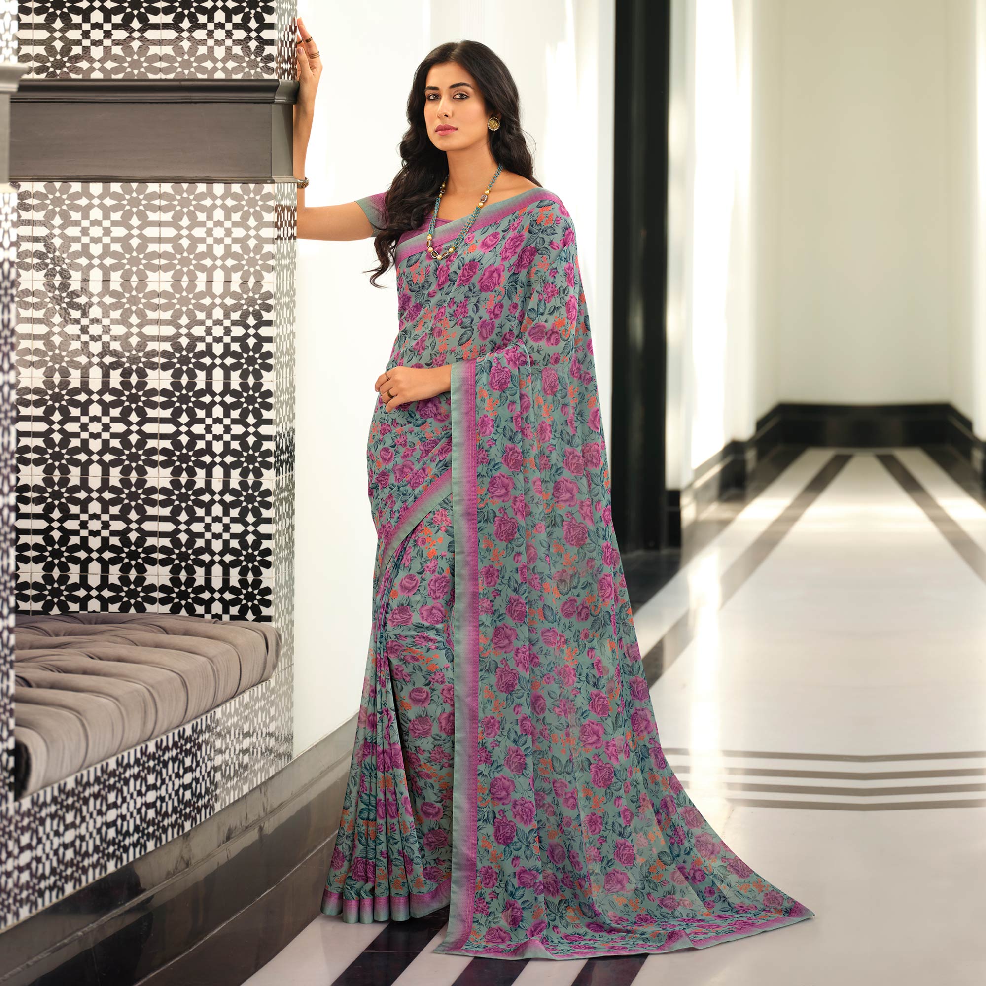 Grey Floral Printed Georgette Saree