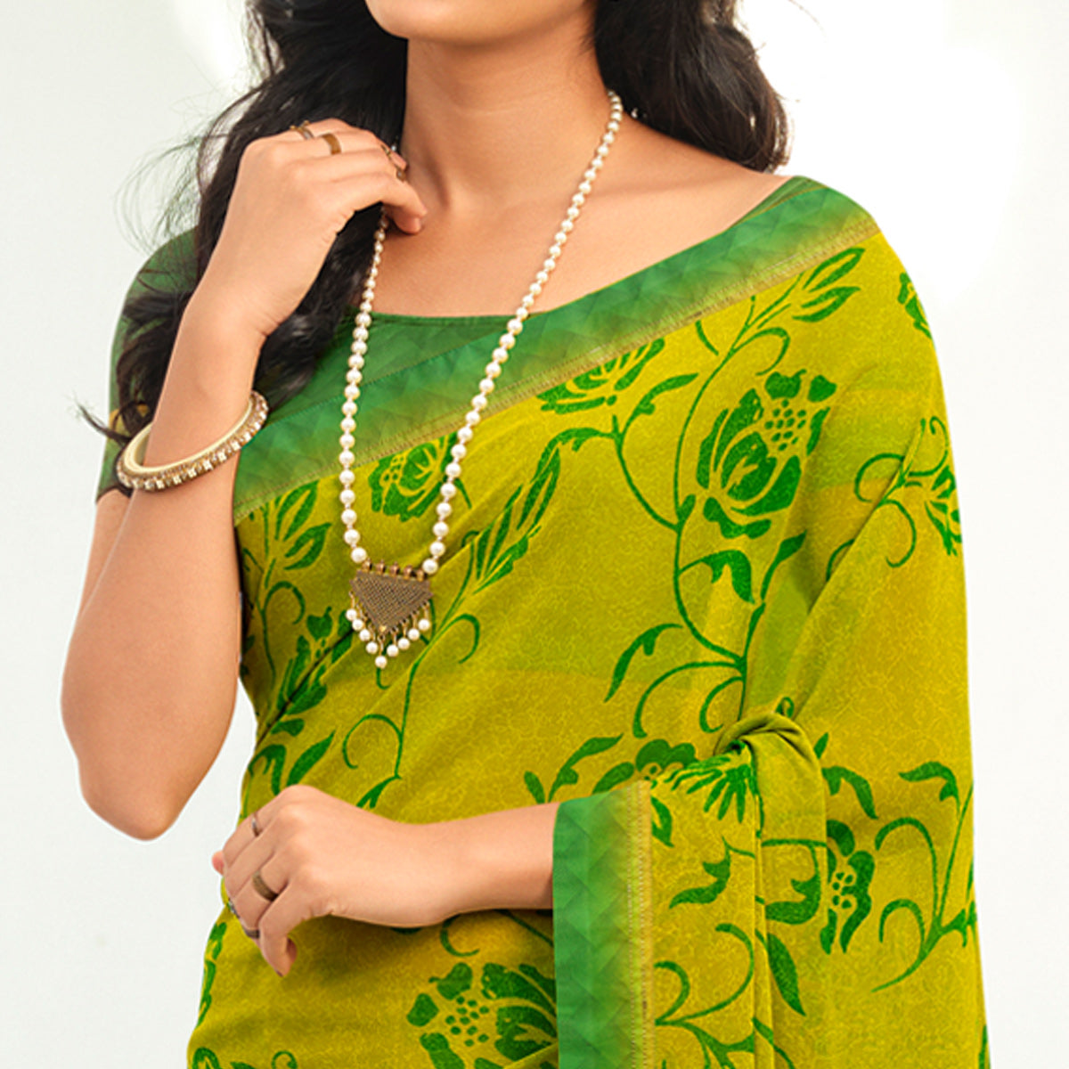 Lemon Green Floral Printed Georgette Saree