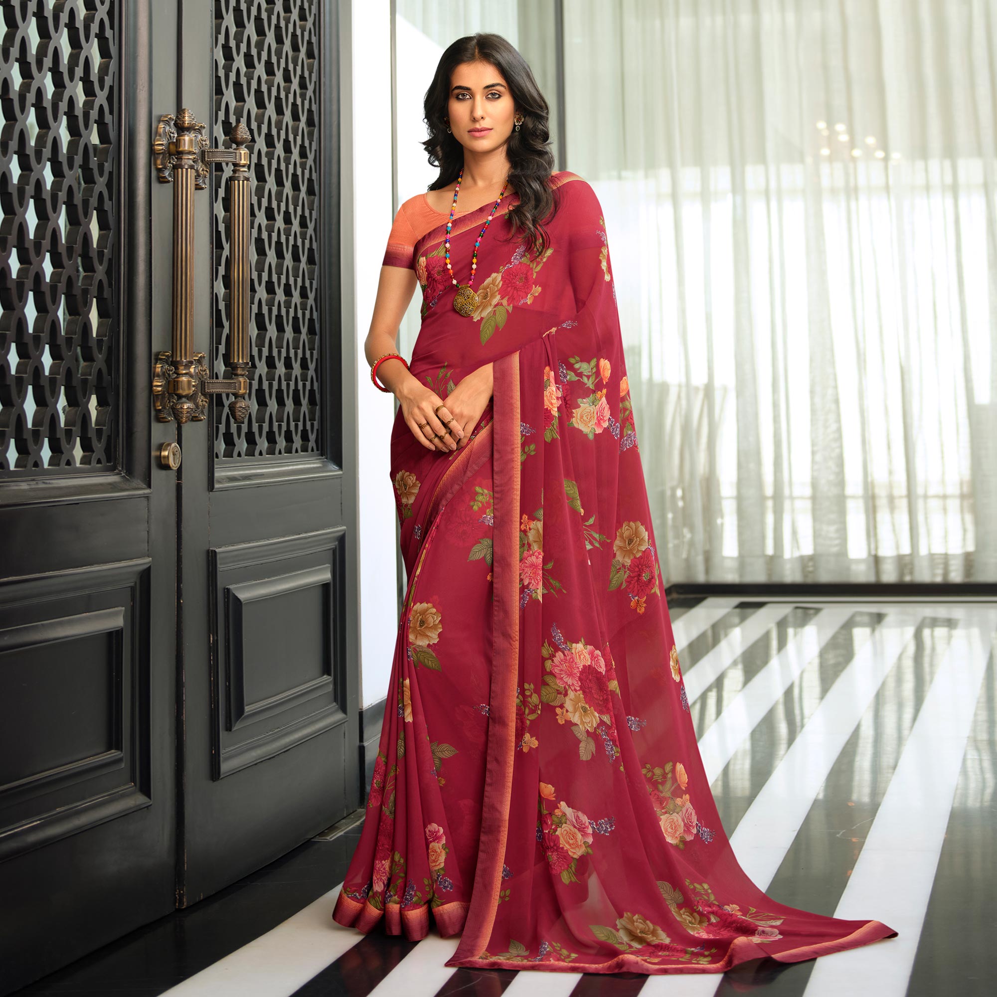 Maroon Floral Printed Georgette Saree