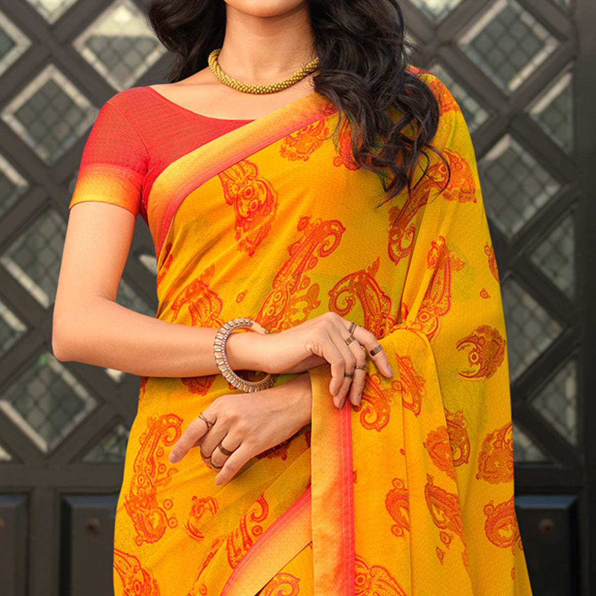 Yellow Floral Printed Georgette Saree