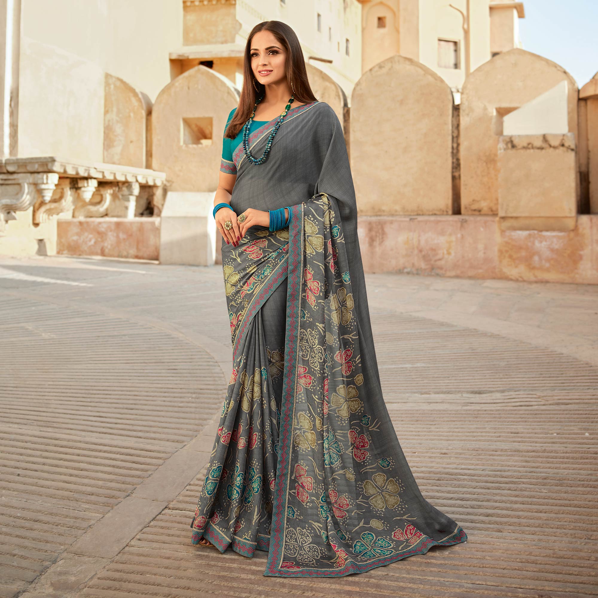 Grey Floral Printed With Embroidered Border Silk Saree