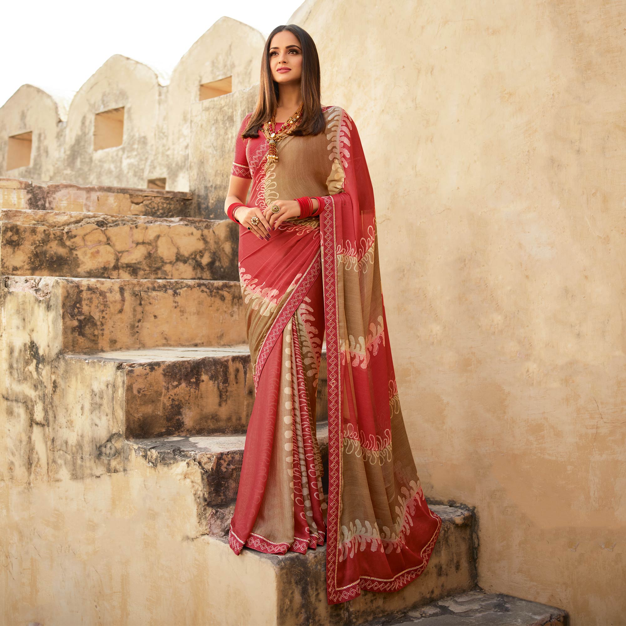 Pink & Brown Printed With Embroidered Border Georgette Saree