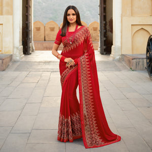 Red Printed With Embroidered Border Georgette Saree